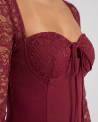 Elodie Floral Sheer Lace Mini Maroon - Close-Up Detail