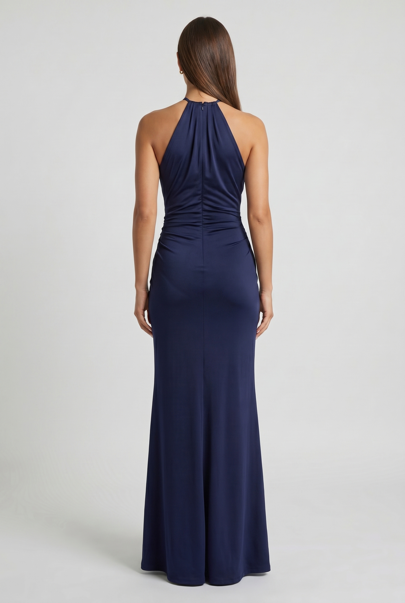 Talia Halter Ruched Satin Maxi Navy Blue - Back
