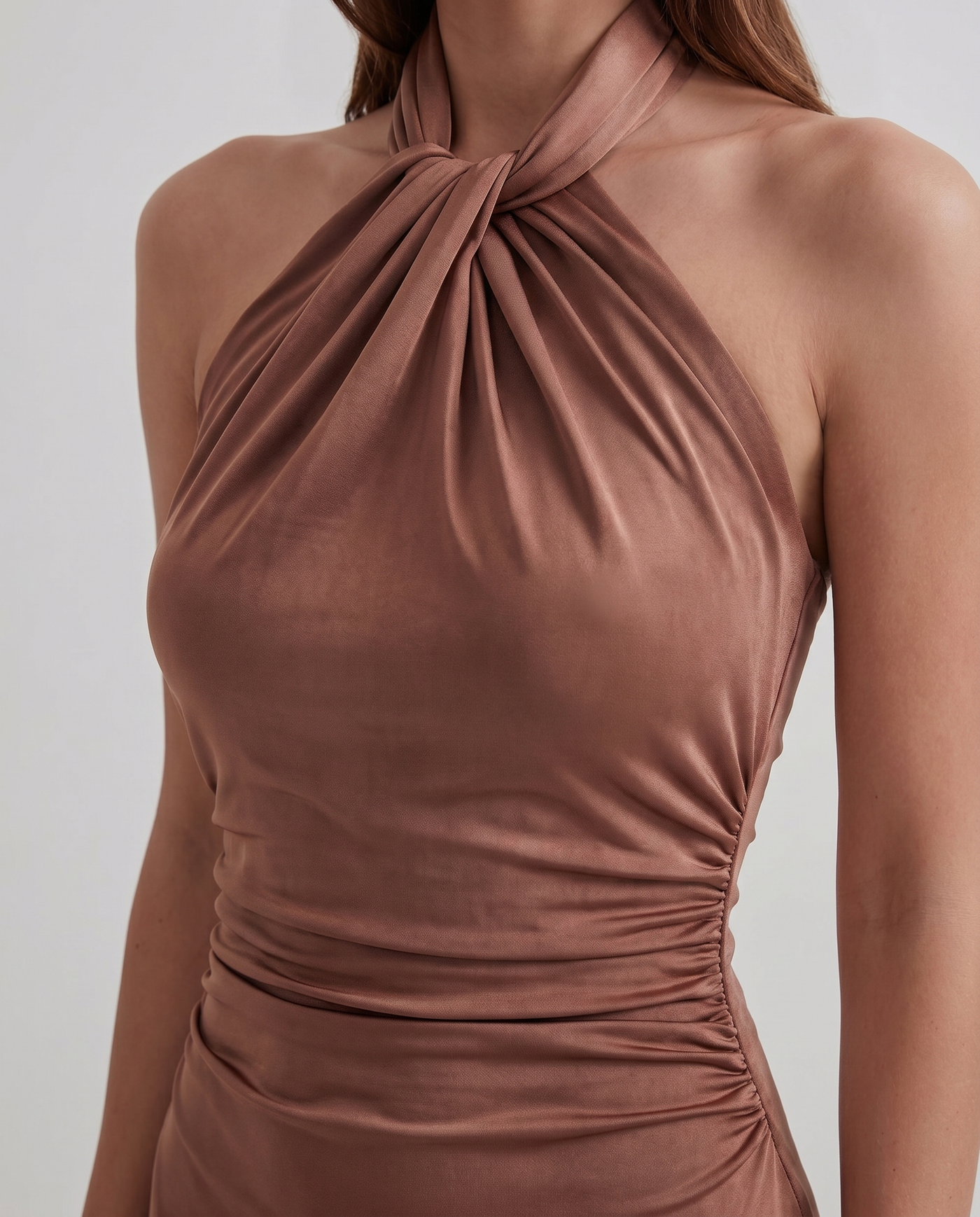 Talia Halter Ruched Satin Maxi Brown - Close-Up Detail