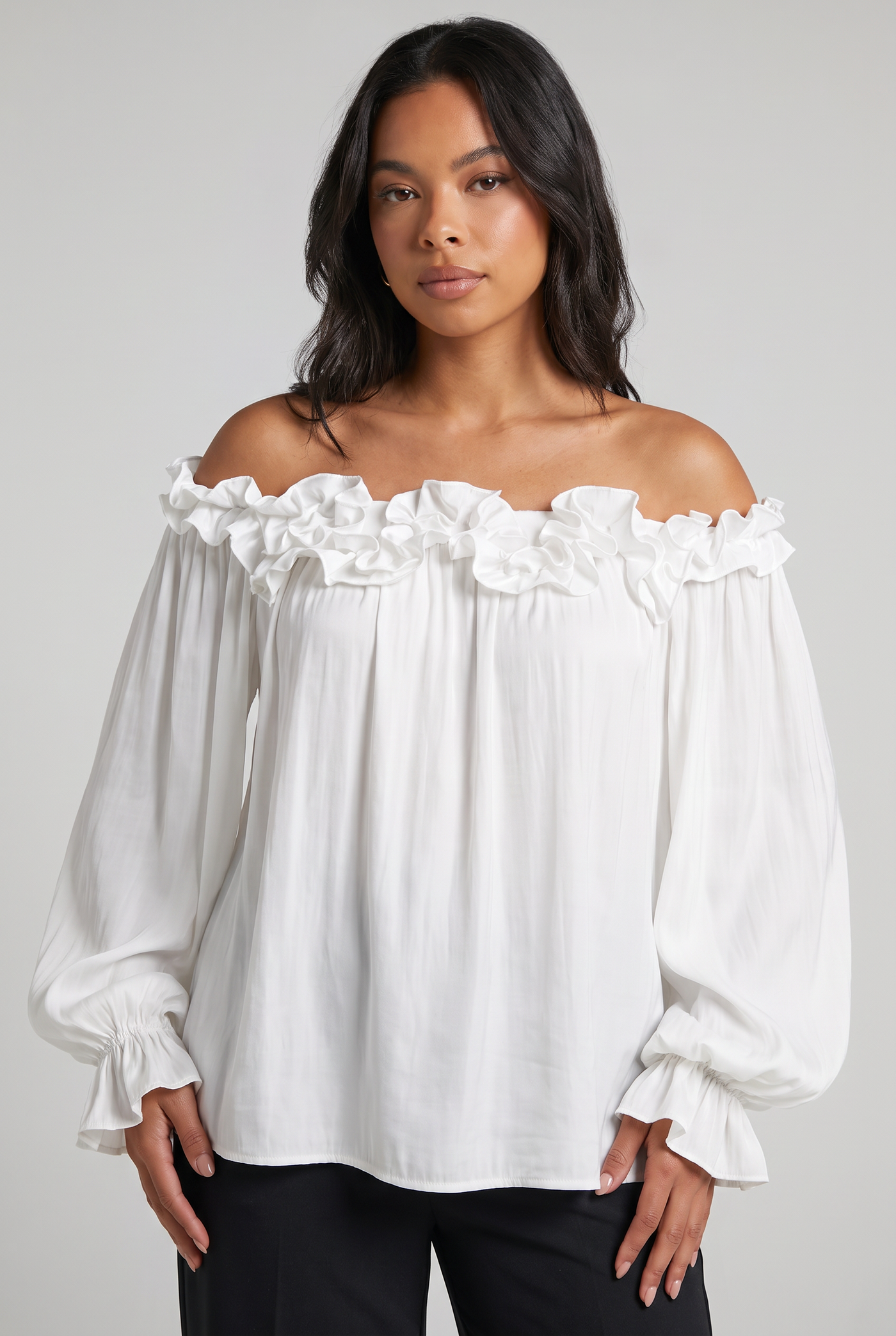 Bronte | Women's Off Shoulder Ruffle Blouse White Long Sleeve
