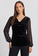 Eglantine | Women's Velvet Cowl Neck Top Black Sequin Sleeve