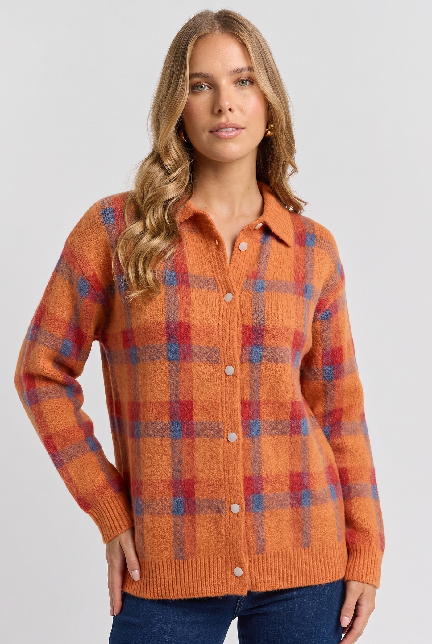 Edwina | Women's Plaid Knit Cardigan Orange