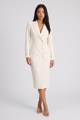 Evangeline | Women's Blazer Dress Cream Long Sleeve Midi Button Front