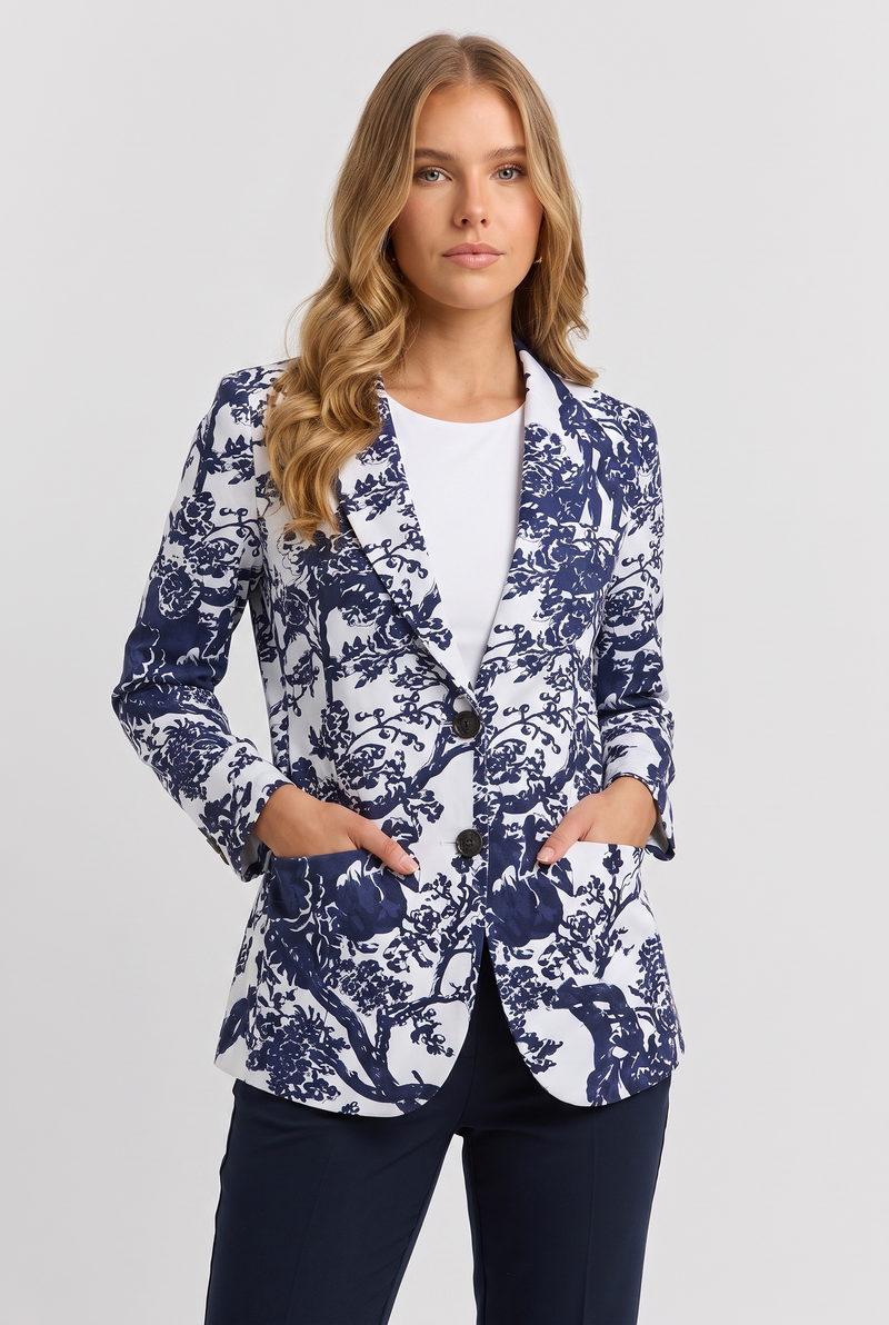 Clemency | Women's Floral Print Blazer Navy White