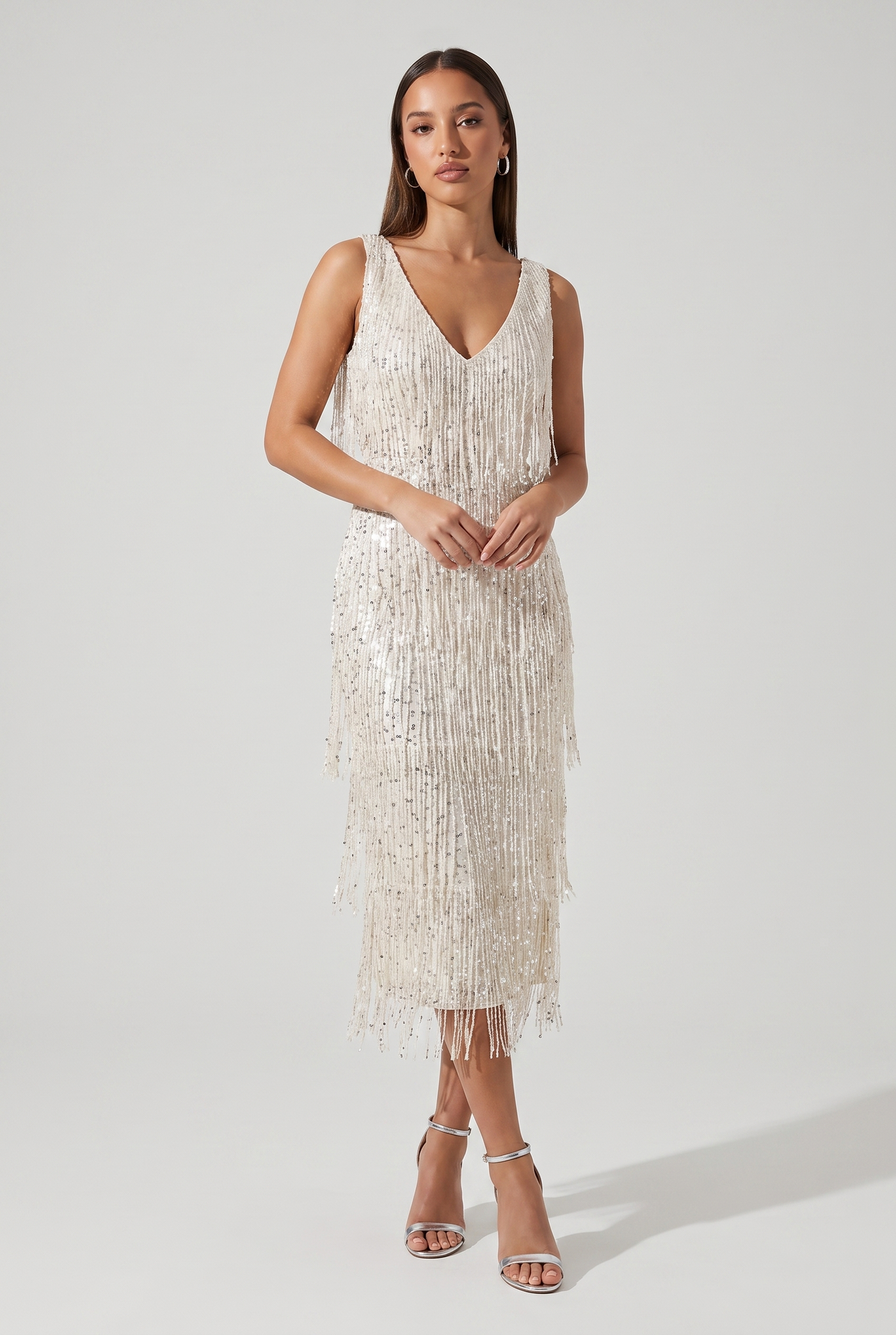 Araminta | Women's Sequin Fringe Midi Dress Cream