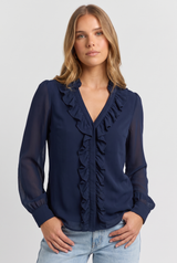 Ophelia | Women's Ruffle V Neck Blouse Navy Long Sleeve