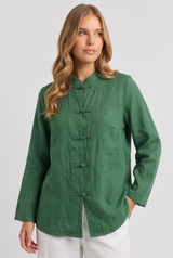 Sylvie | Women's Linen Shirt Green Mandarin Collar Button Up