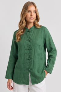 Sylvie | Women's Linen Shirt Green Mandarin Collar