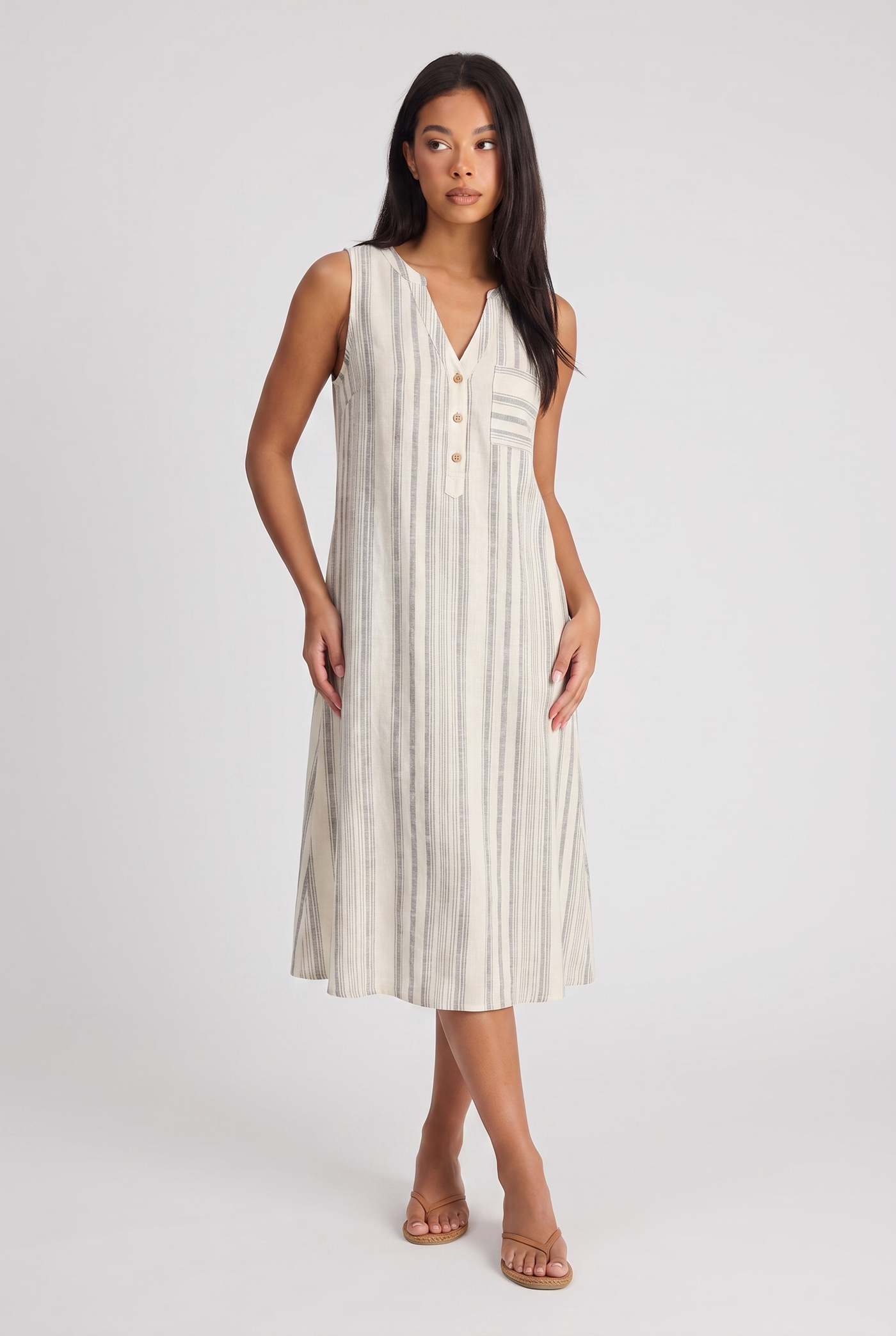Cordelia | Women's Linen Striped Midi Dress Cream