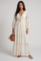 Adelaide | Women's Lace Maxi Dress Cream Long Sleeve V Neck