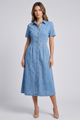 Genevieve | Women's Denim Shirt Dress Light Blue Short Sleeve