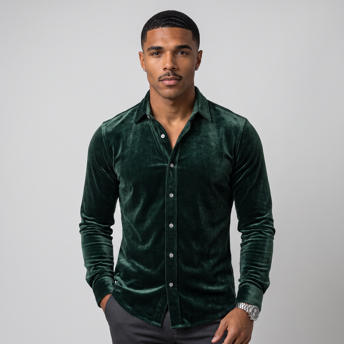 Fitzroy | Men's Velvet Button Up Shirt Deep Green (v2)