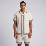 Bertram | Men's Sweatsuit Cream Greek Key Print Short Sleeve