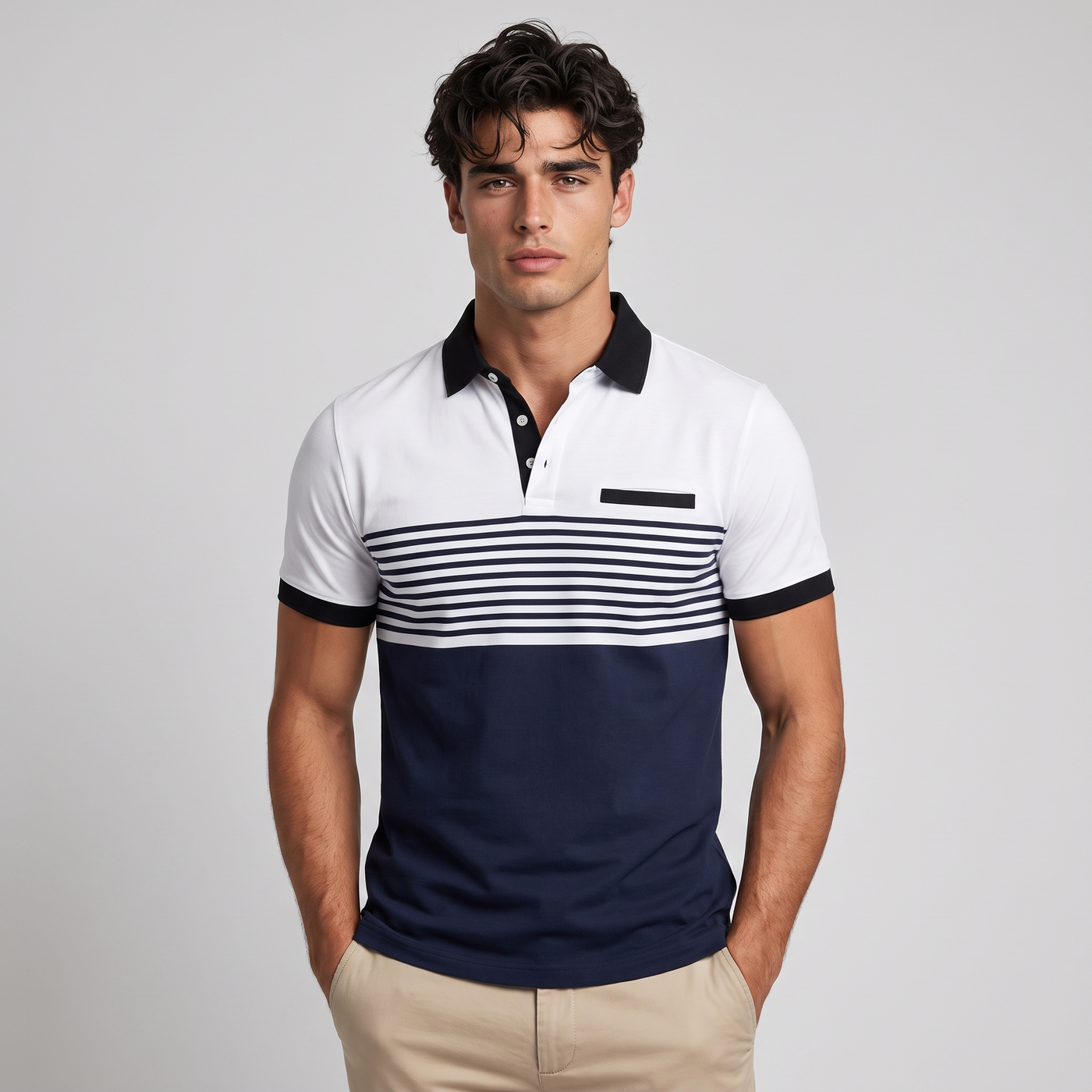 Basil | Men's Polo Shirt White Navy Striped