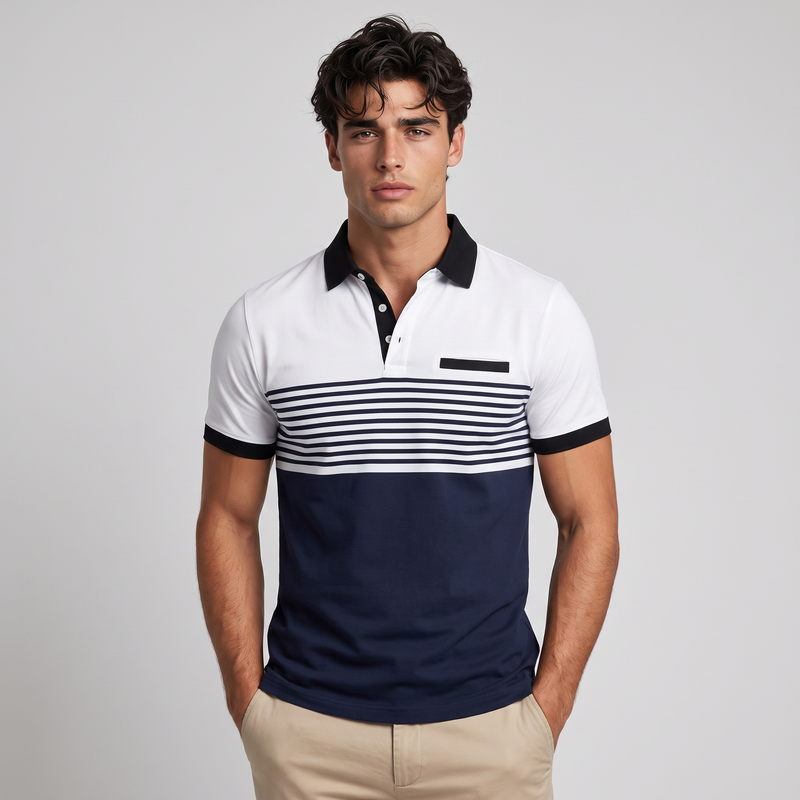 Basil | Men's Polo Shirt White Navy Striped