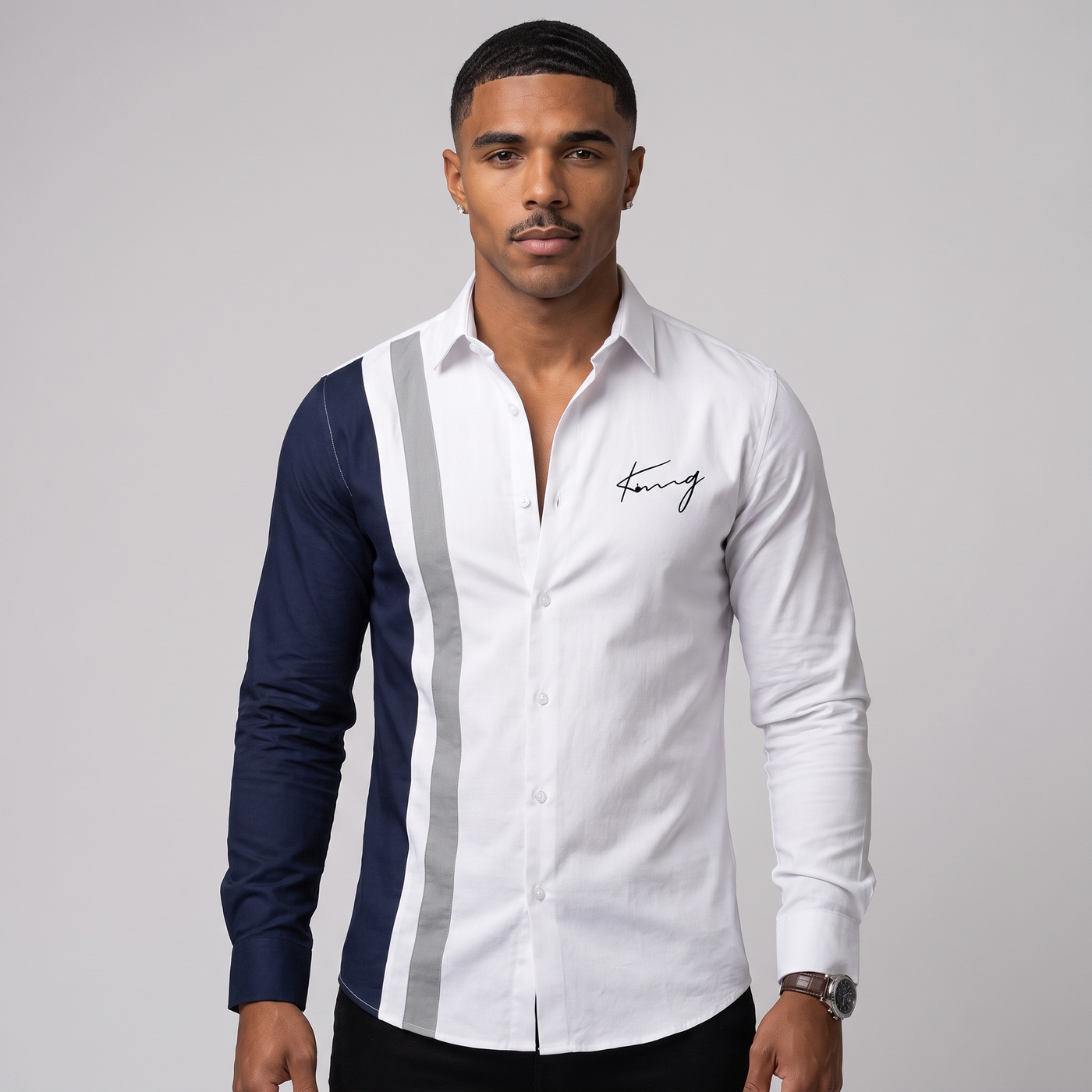 Alastair | Men's Colour Block Stripe Shirt White Navy