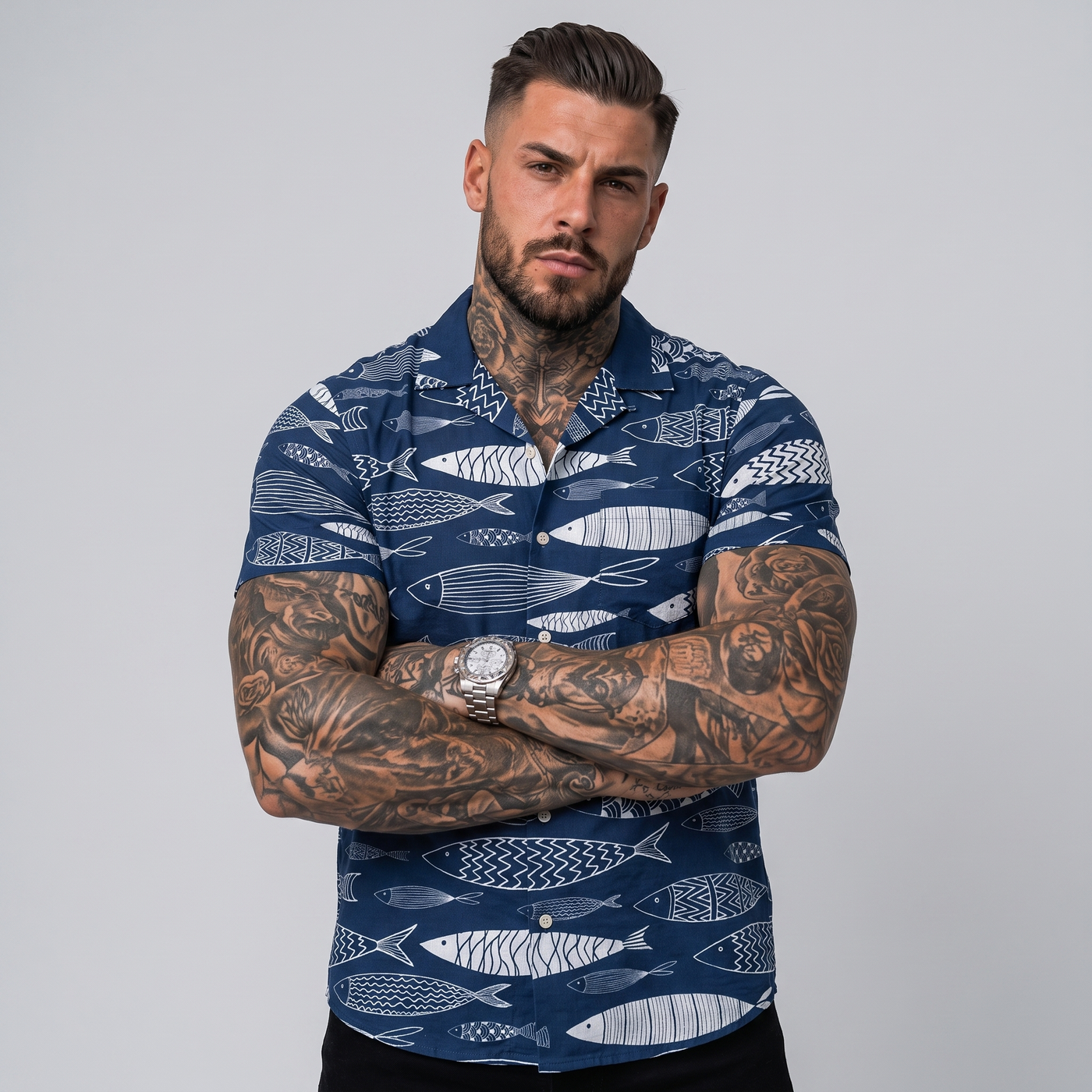 Rhodes | Men's Hawaiian Shirt Navy Fish Print