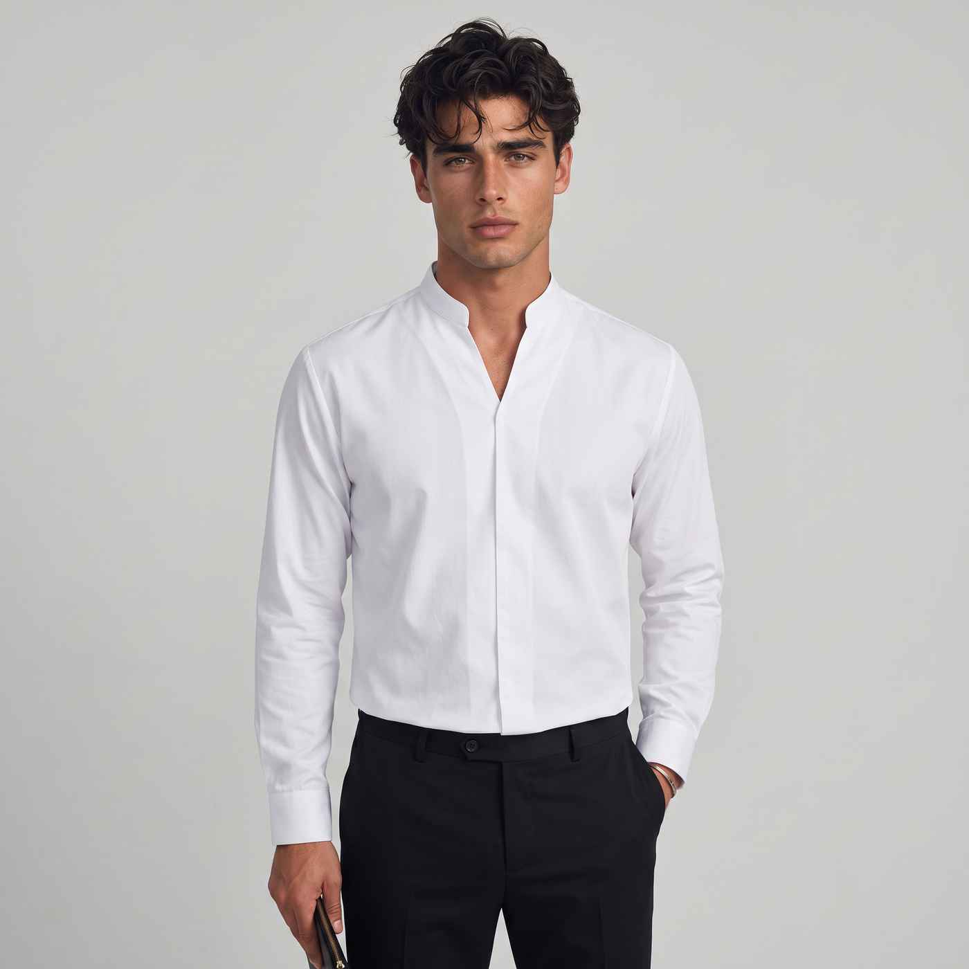 Oakley | Men's White Dress Shirt Mandarin Collar