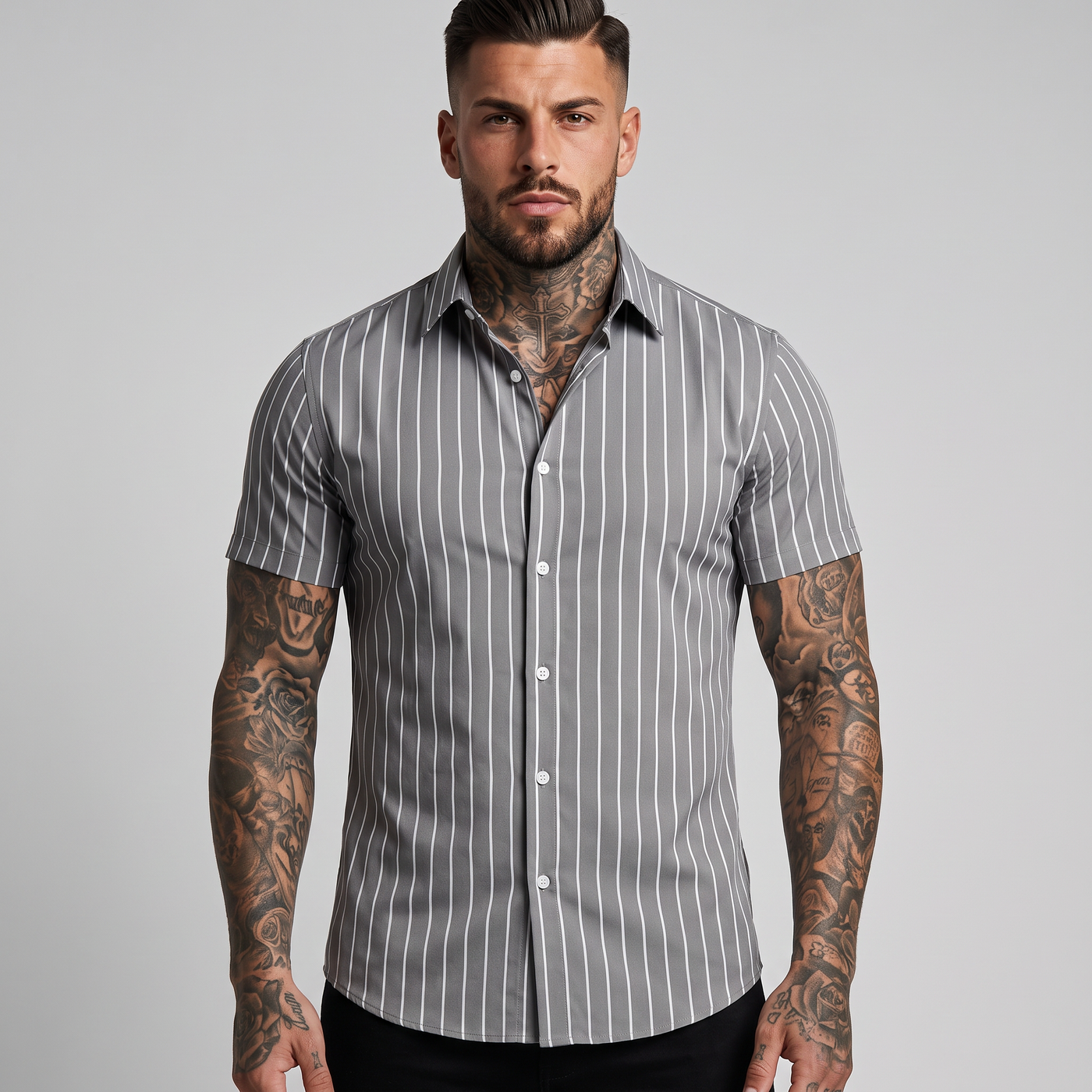 Beaumont | Men's Pinstripe Short Sleeve Shirt Grey (v2)