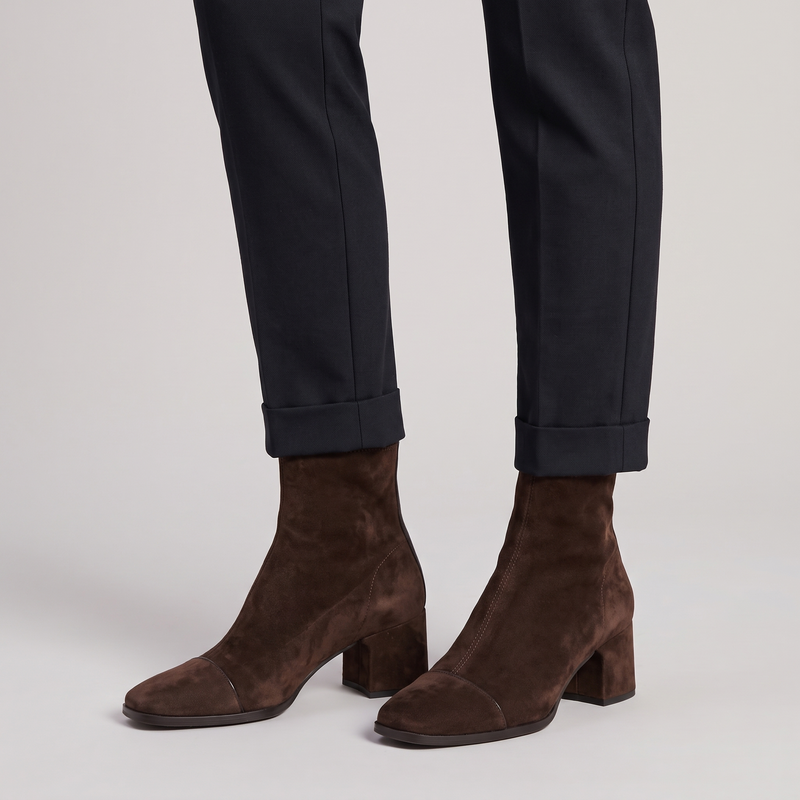 Camille | Women's Suede Block Heel Ankle Boots Dark Brown