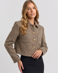 NOLA model wearing cropped button-front jacket brown