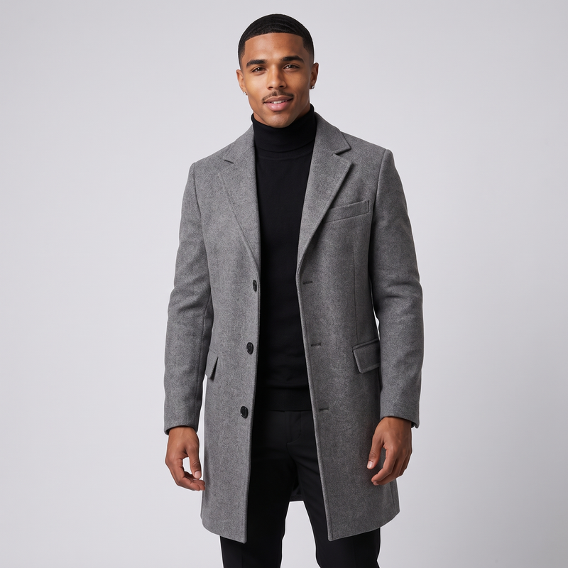NOLA model wearing mid-length notched lapel overcoat