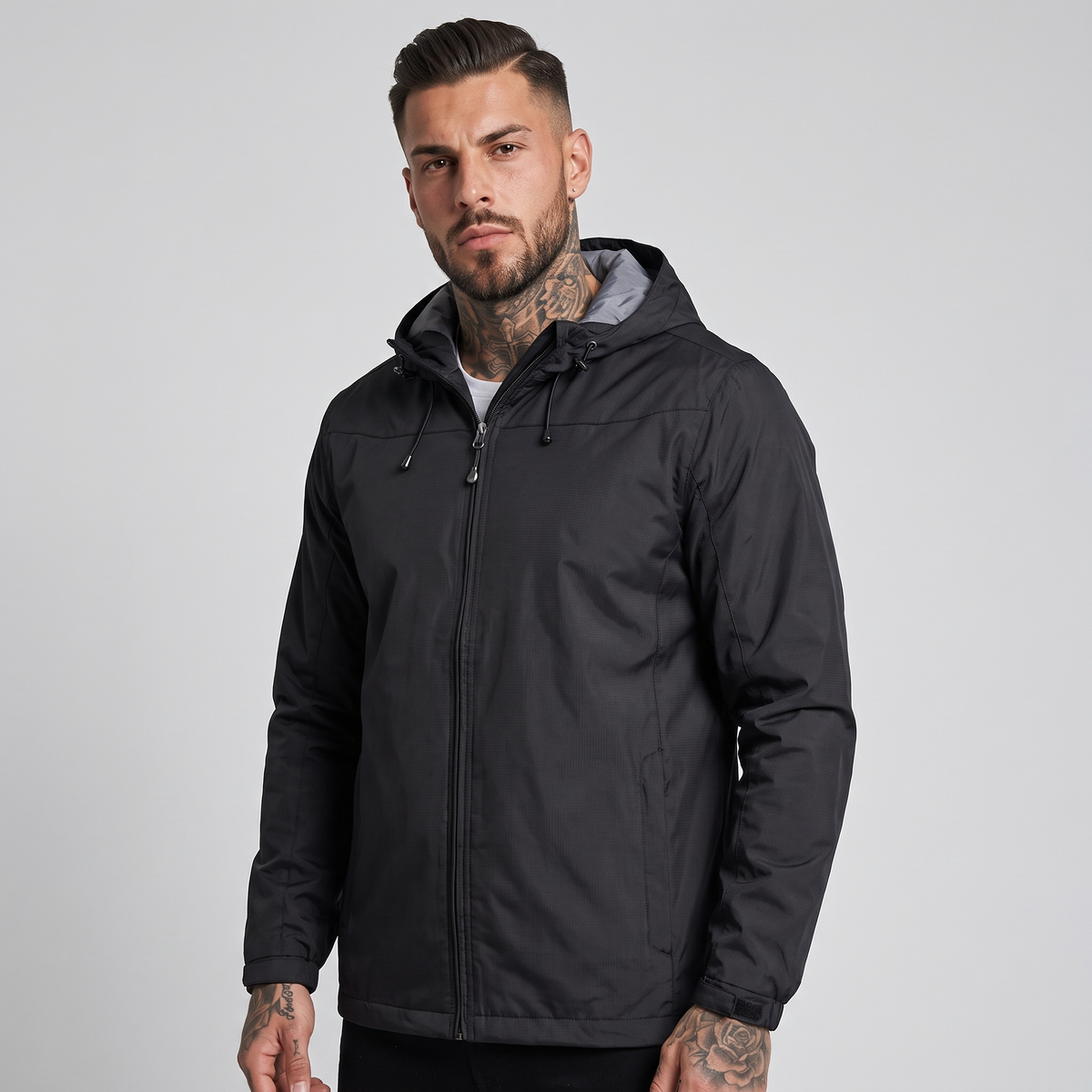NOLA model wearing lightweight hooded jacket full zip