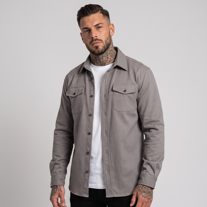NOLA model wearing long sleeve shirt jacket button up