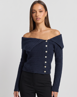 Anthea | Women's Off-the-Shoulder Fitted Jumper in Navy Blue
