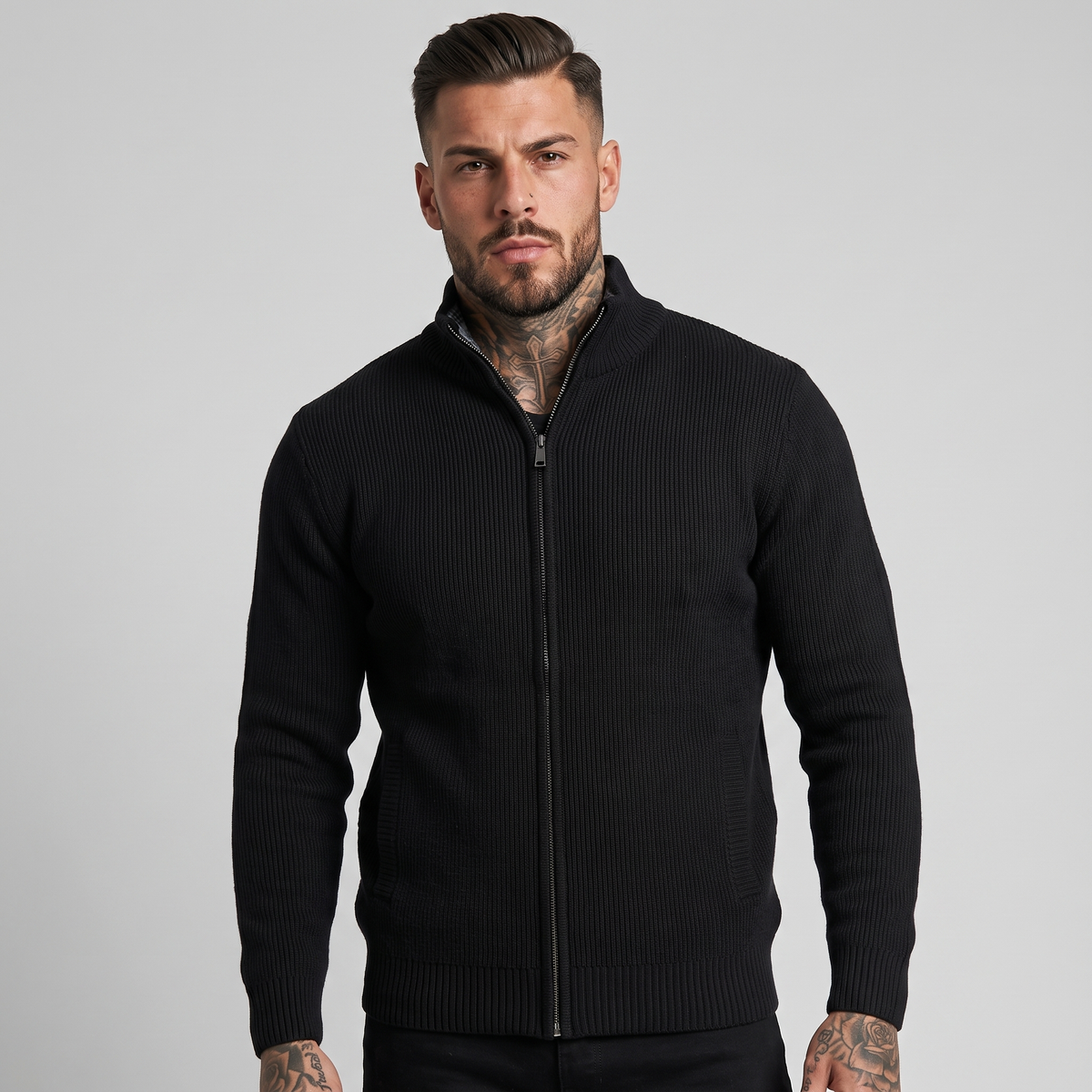 NOLA model wearing full zip ribbed knit stand collar jacket