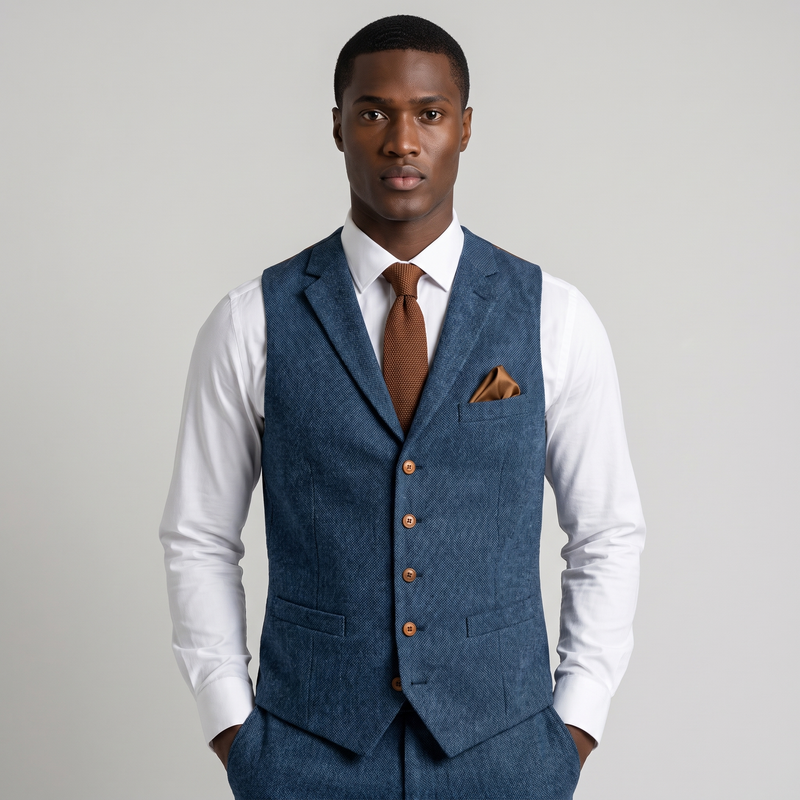 NOLA model wearing blue tweed V-neck waistcoat