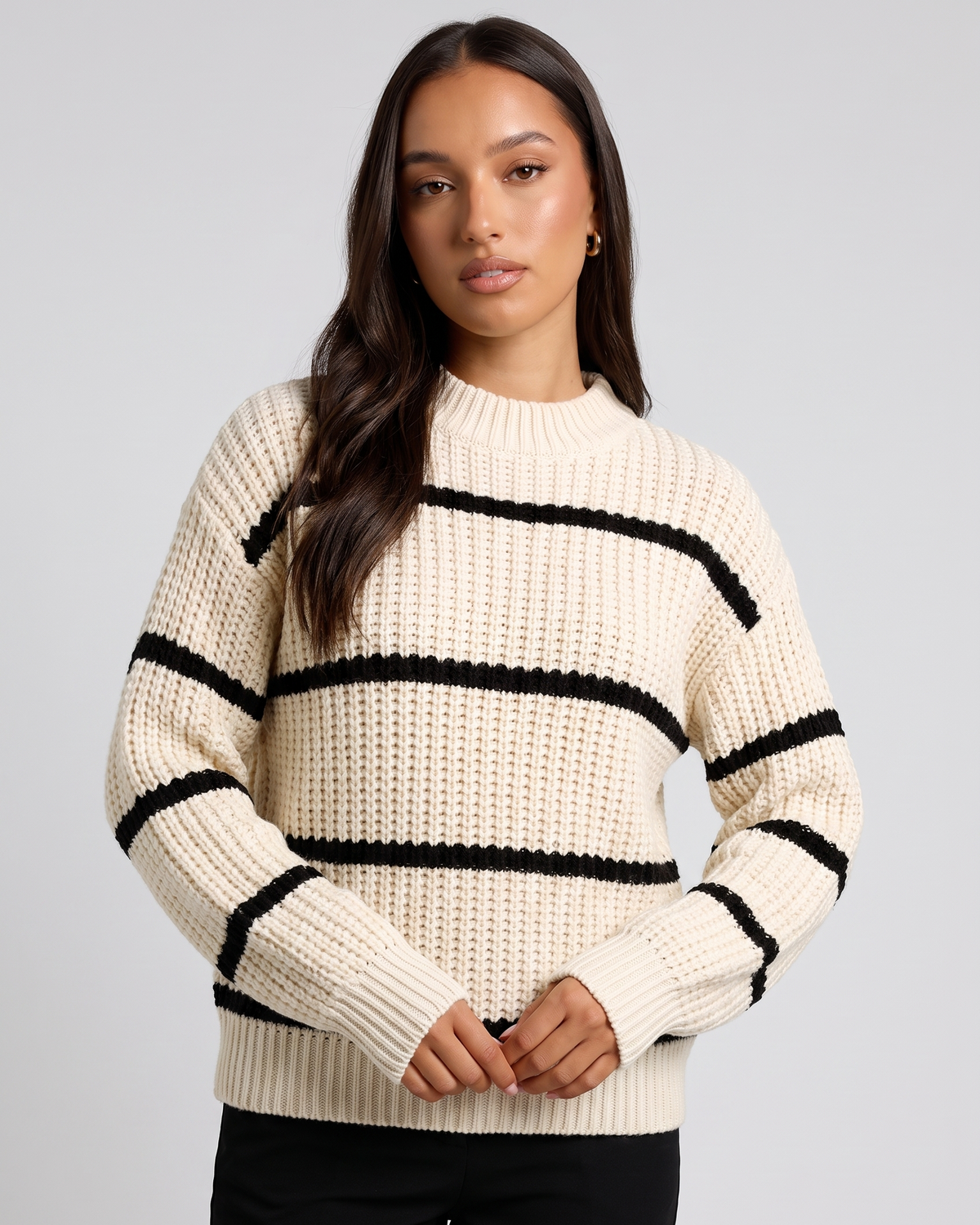 NOLA model wearing white striped crew neck jumper
