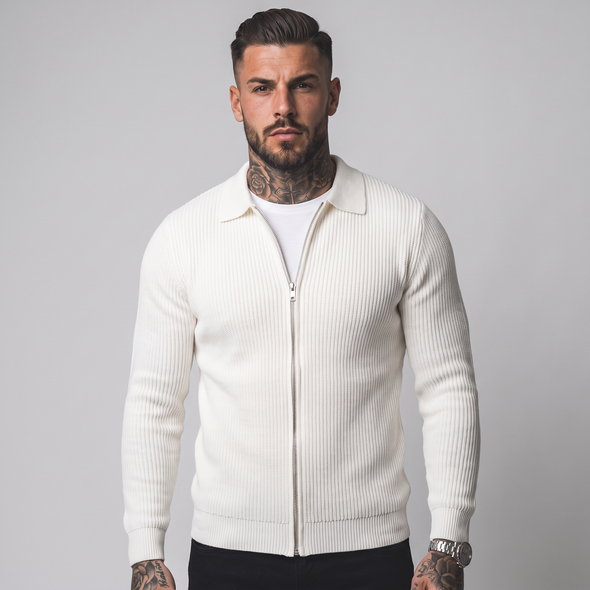 NOLA model wearing zip-up collared jumper white and black