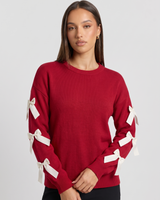 Almira | Women's Red Bow Sleeve Crew Neck Jumper