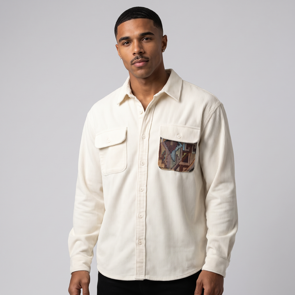 NOLA model wearing relaxed fit corduroy shirt