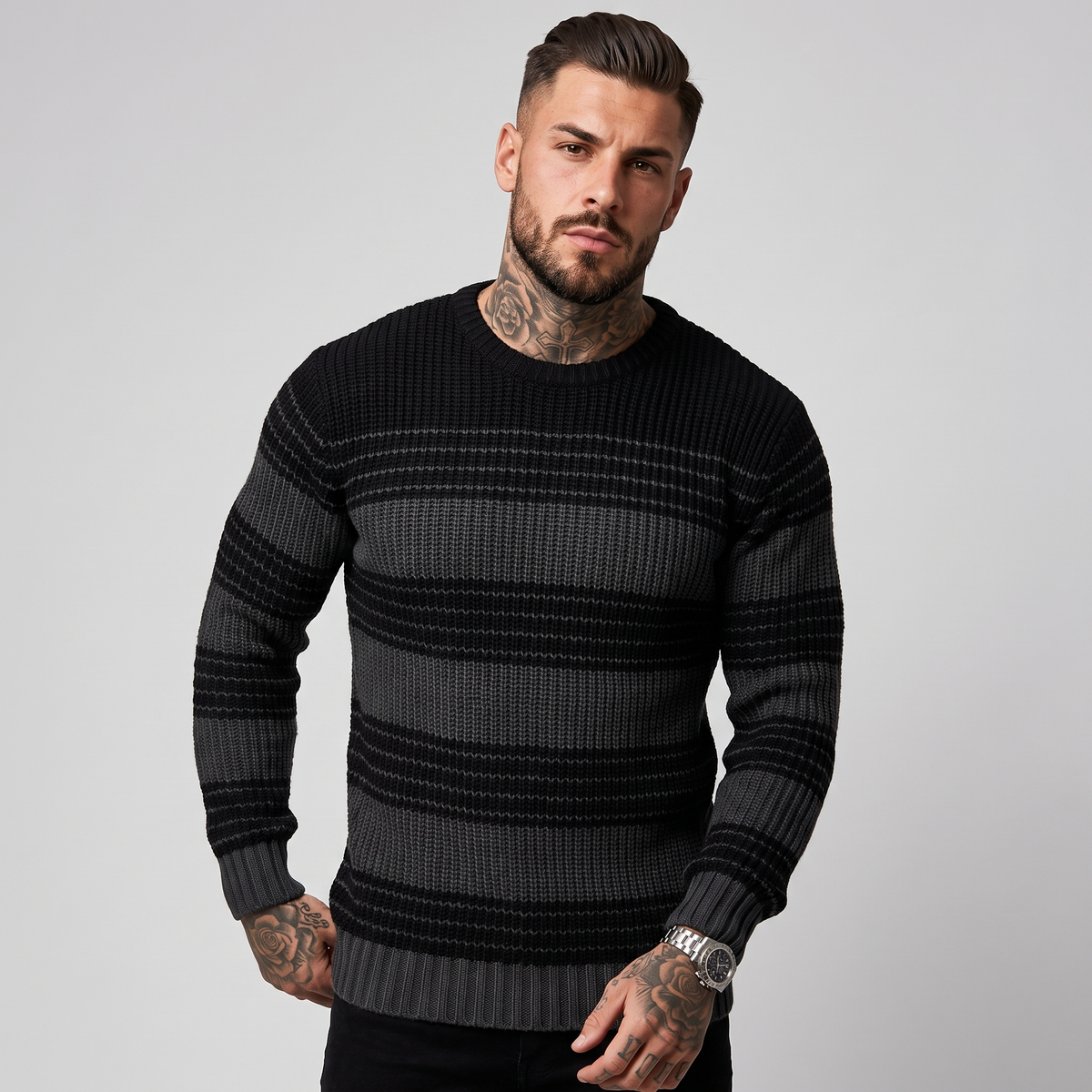NOLA model wearing striped crew neck jumper