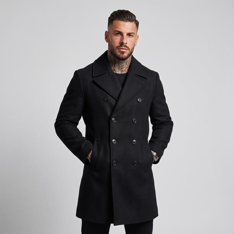NOLA model wearing double breasted wool pea coat black and khaki