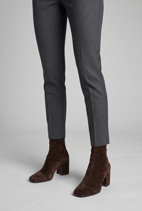 NOLA model wearing suede block heel ankle boots dark brown