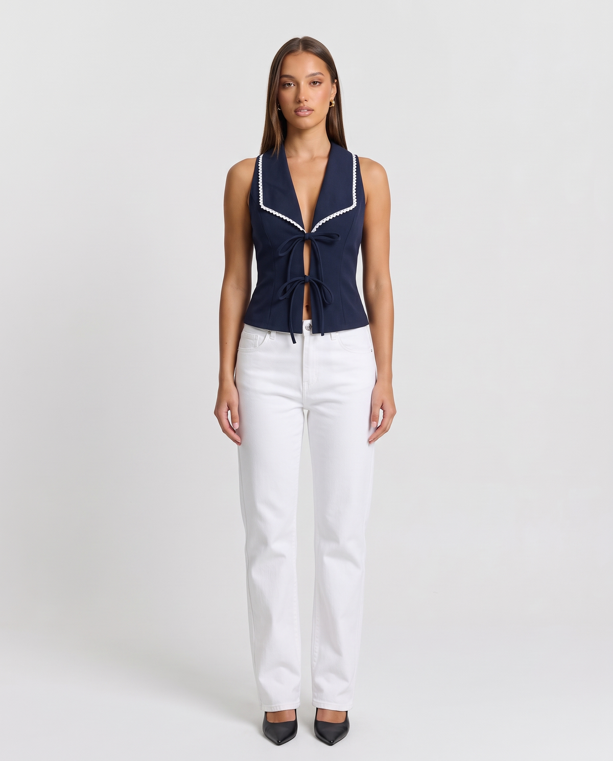 Brianna navy ric-rac trim tie-front waistcoat top