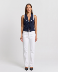 Brianna navy ric-rac trim tie-front waistcoat top