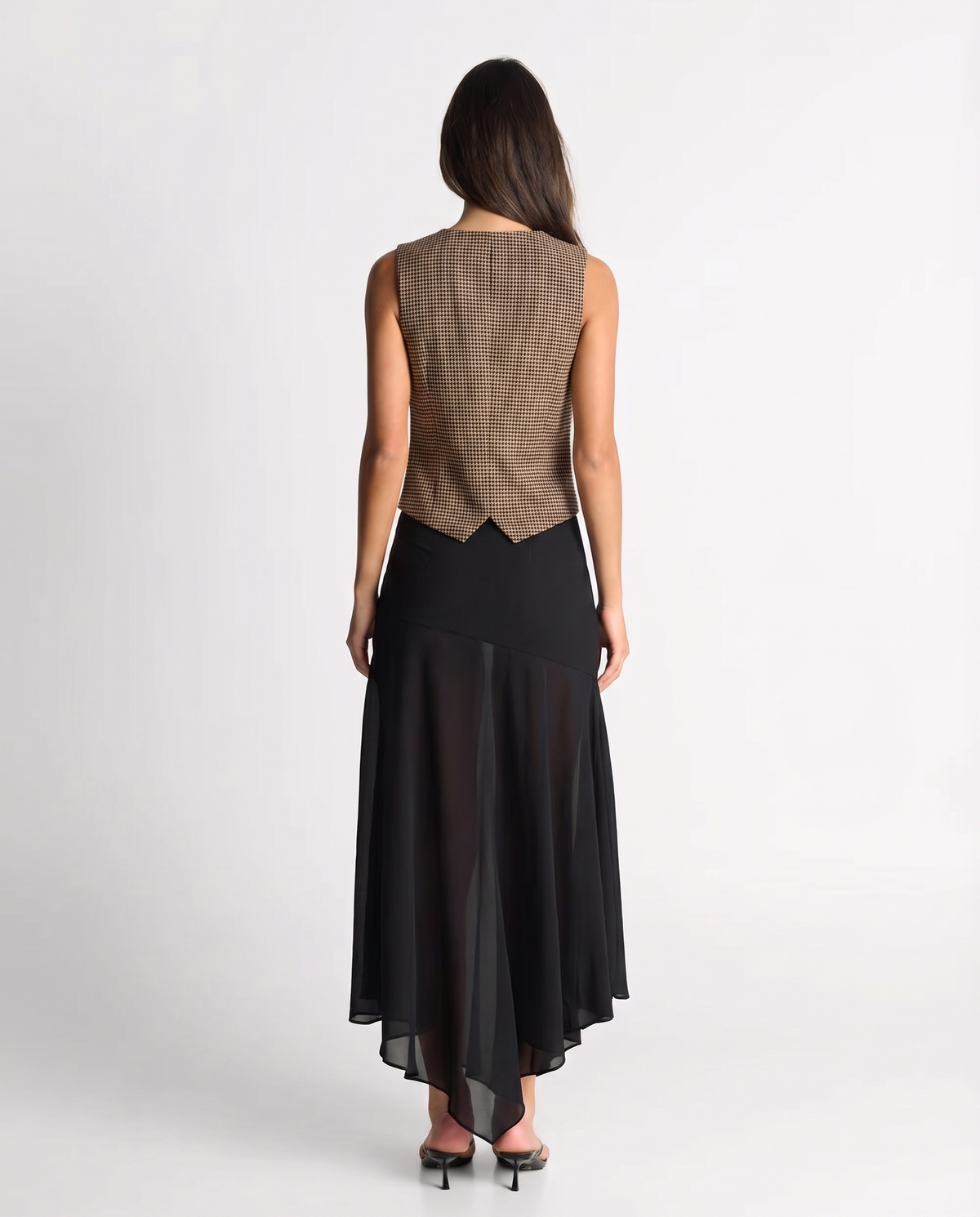 Julia check waistcoat in brown, back view on model