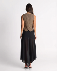 Julia check waistcoat in brown, back view on model