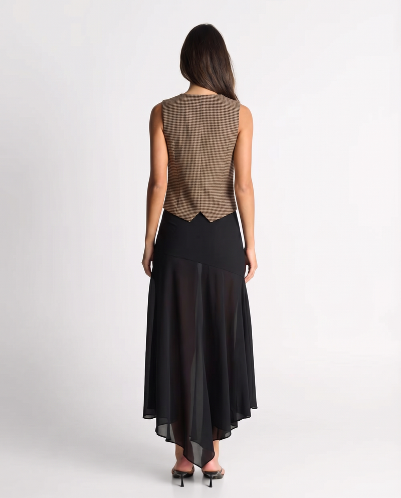 Julia check waistcoat in brown, back view on model