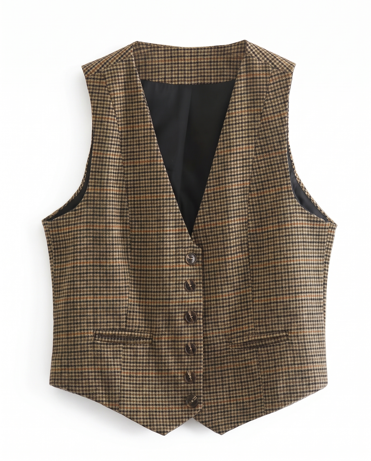 Julia check V-neck waistcoat in brown, front product view