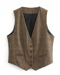 Julia check V-neck waistcoat in brown, front product view