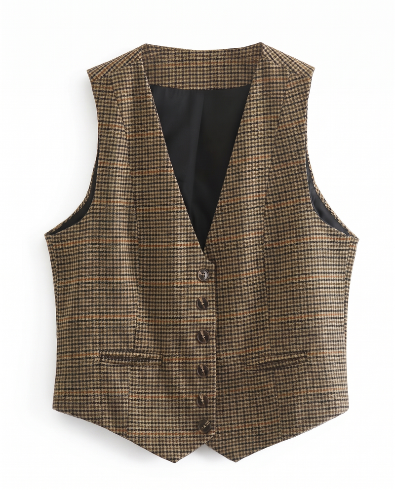 Julia check V-neck waistcoat in brown, front product view