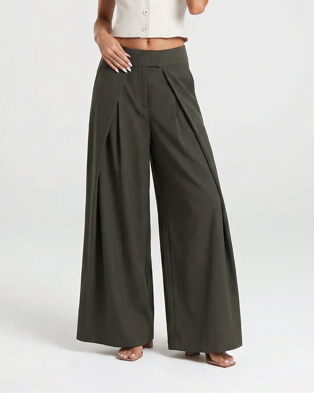 Maya | High-Waist Pleated Wide-Leg Trousers with Layered Front Panel