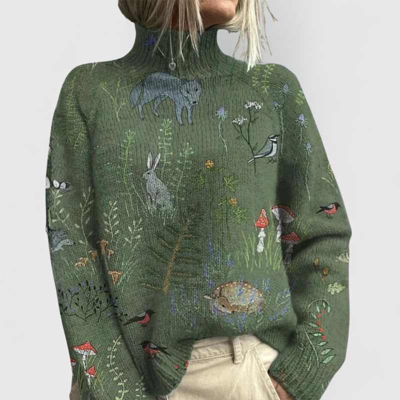 Alma women's cottagecore woodland print turtleneck jumper in Green