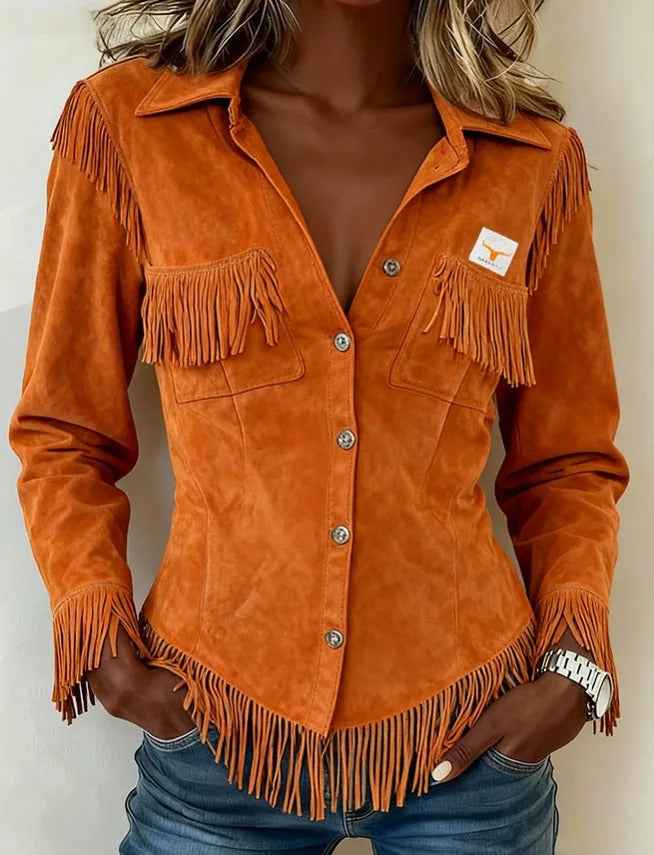 Carys women's fringe suede shirt jacket in Orange