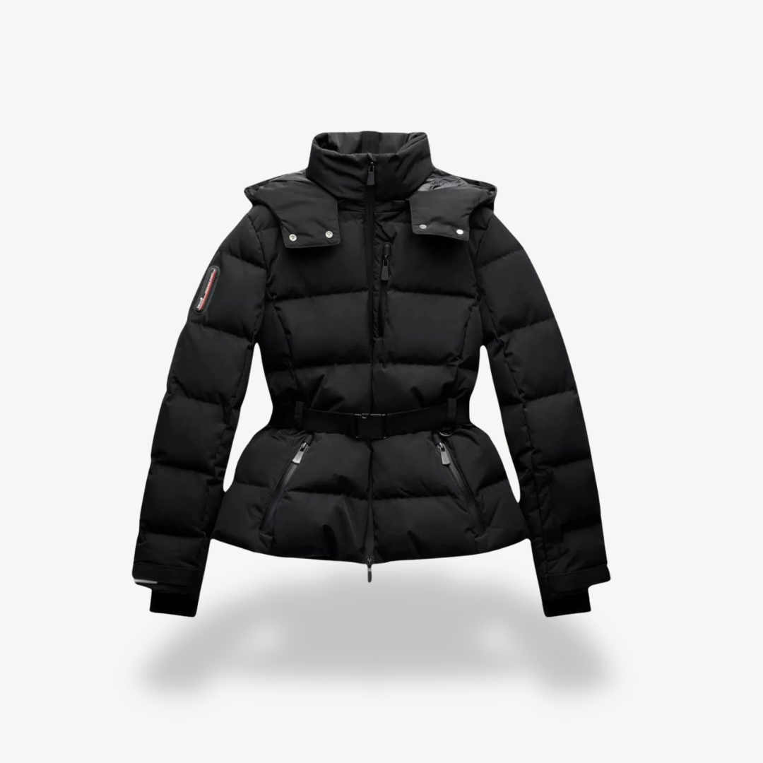 Malvina hooded belted puffer jacket detail view eight